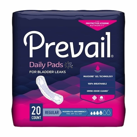 Prevail Daily Pads Bladder Control Pad 9-1/4 Inch Length Moderate Absorbency Polymer Core One Size Fits Most, 20PK BC-012